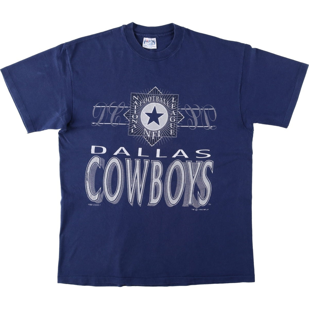 90'S Hanes BEEFY-T Blue Tag NFL Dallas Cowboys Logo Print T-Shirt Made in USA Men's Size L (approx.) cotton navy blue type Vintage Second Hand