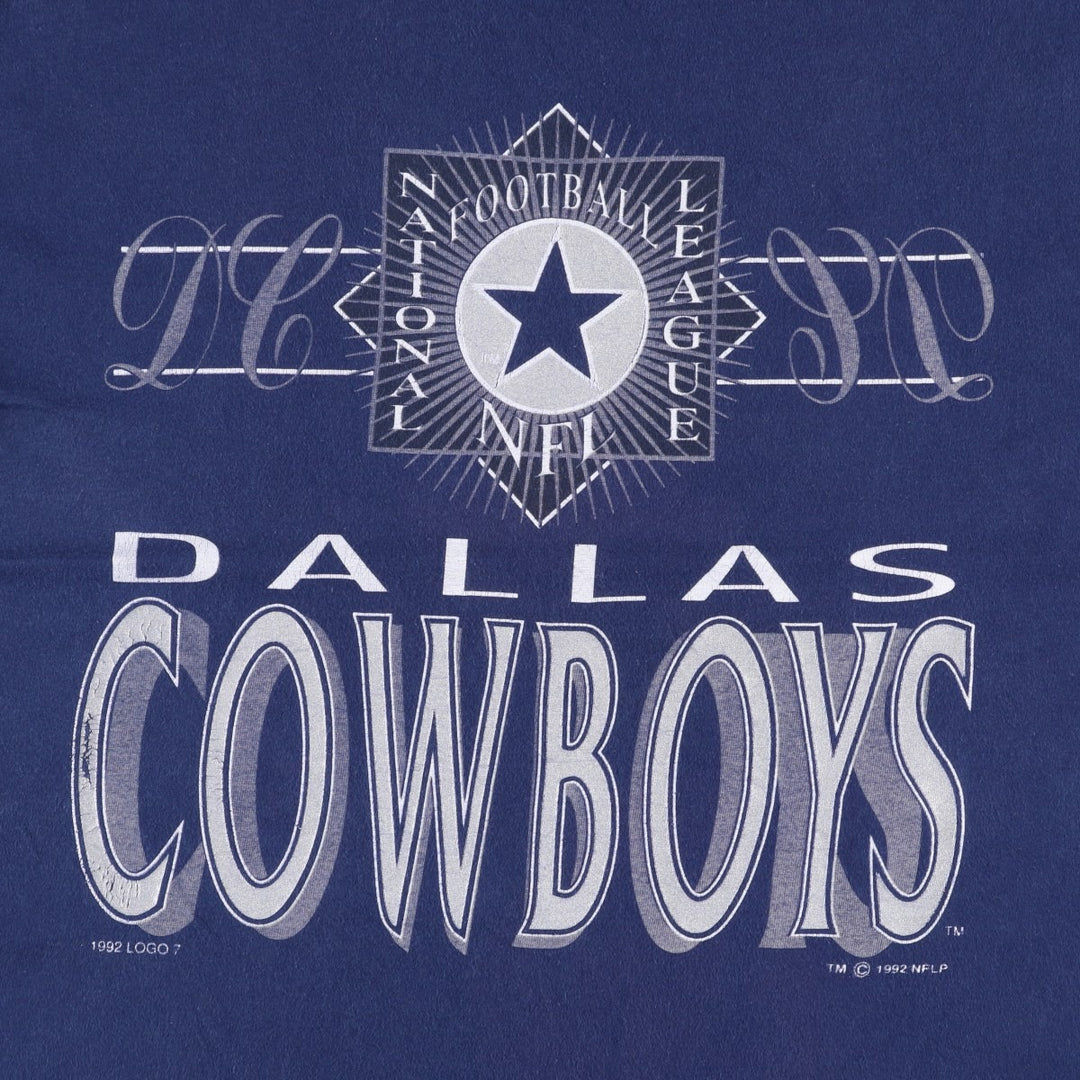90'S Hanes BEEFY-T Blue Tag NFL Dallas Cowboys Logo Print T-Shirt Made in USA Men's Size L (approx.) cotton navy blue type Vintage Second Hand