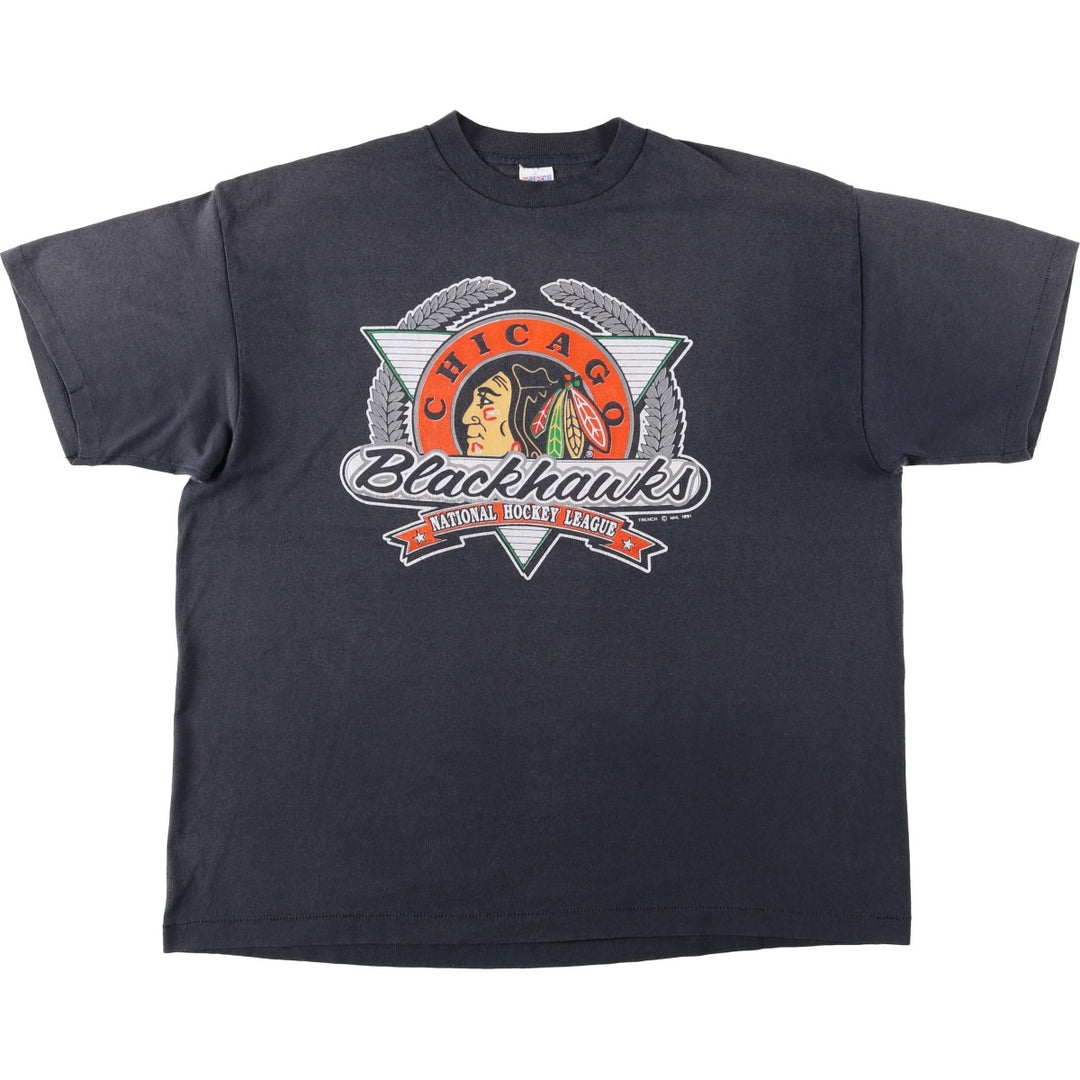 90'S TRENCH NHL CHICAGO BLACKHAWKS Logo Print T-Shirt, Made in USA, Men's XXL equivalent, Vintage polyester black type Vintage Second Hand