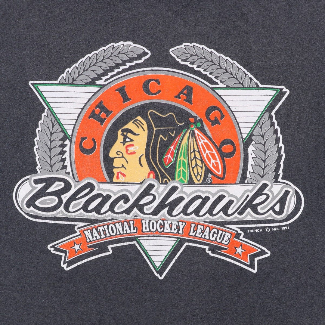 90'S TRENCH NHL CHICAGO BLACKHAWKS Logo Print T-Shirt, Made in USA, Men's XXL equivalent, Vintage polyester black type Vintage Second Hand