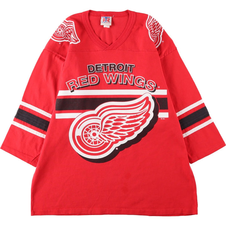 90'S Team Rated NHL Detroit Red Wings 3/4 Sleeve V-Neck Football T-Shirt, Made in USA, Men's Size L (Equivalent), Vintage cotton red type Vintage Second Hand