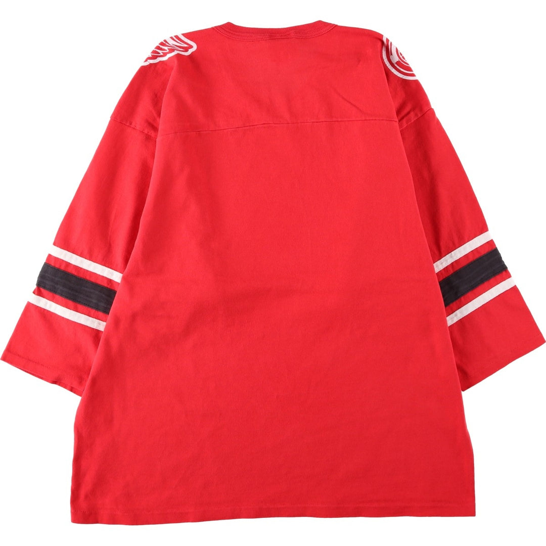 90'S Team Rated NHL Detroit Red Wings 3/4 Sleeve V-Neck Football T-Shirt, Made in USA, Men's Size L (Equivalent), Vintage cotton red type Vintage Second Hand