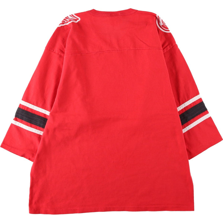 90'S Team Rated NHL Detroit Red Wings 3/4 Sleeve V-Neck Football T-Shirt, Made in USA, Men's Size L (Equivalent), Vintage cotton red type Vintage Second Hand