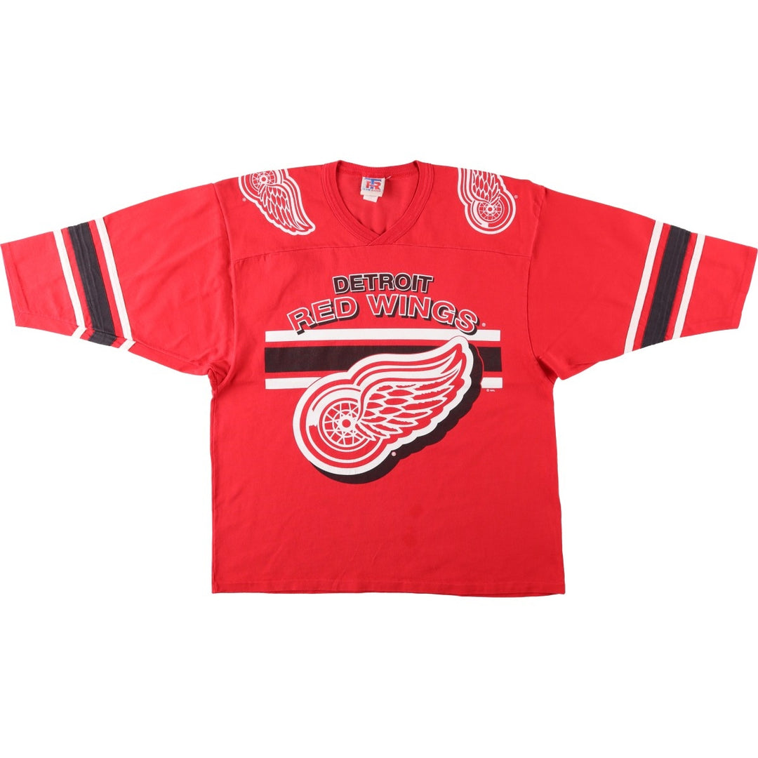 90'S Team Rated NHL Detroit Red Wings 3/4 Sleeve V-Neck Football T-Shirt, Made in USA, Men's Size L (Equivalent), Vintage cotton red type Vintage Second Hand