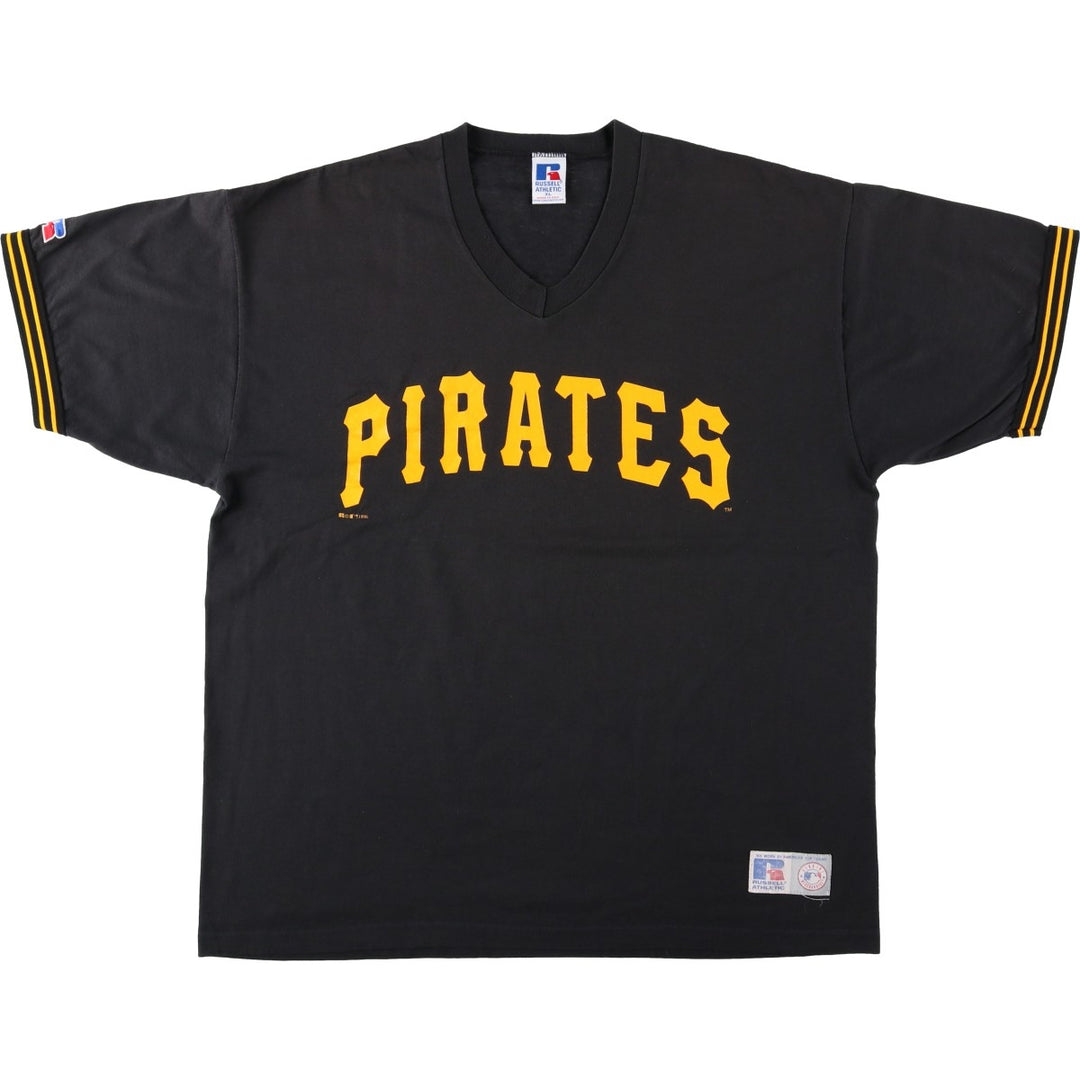 90'S Russell Crowe MLB Pittsburgh Pirates V-neck logo print T-shirt, Made in USA, Men's XL equivalent. cotton black type Vintage Second Hand