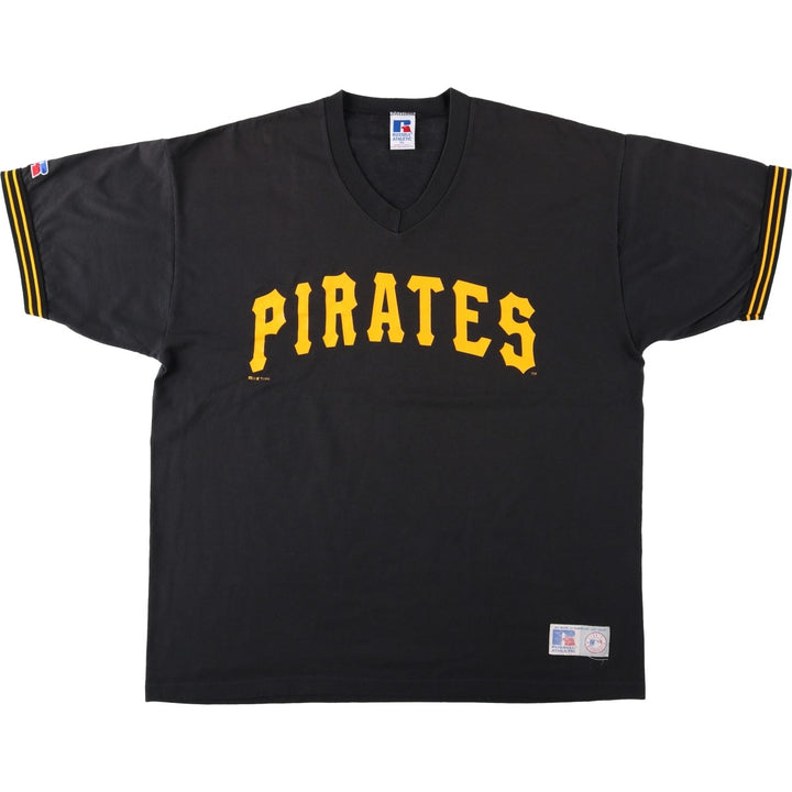 90'S Russell Crowe MLB Pittsburgh Pirates V-neck logo print T-shirt, Made in USA, Men's XL equivalent. cotton black type Vintage Second Hand