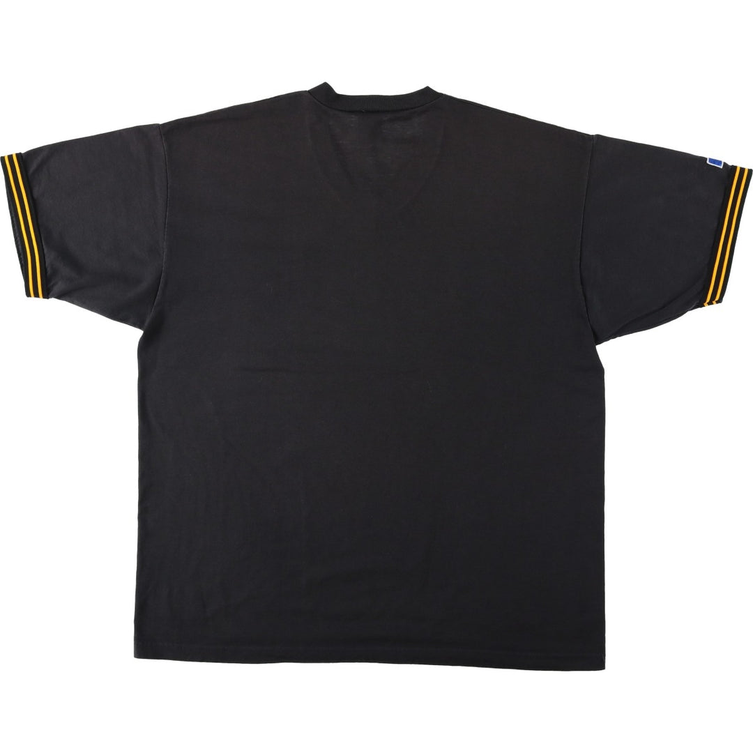 90'S Russell Crowe MLB Pittsburgh Pirates V-neck logo print T-shirt, Made in USA, Men's XL equivalent. cotton black type Vintage Second Hand