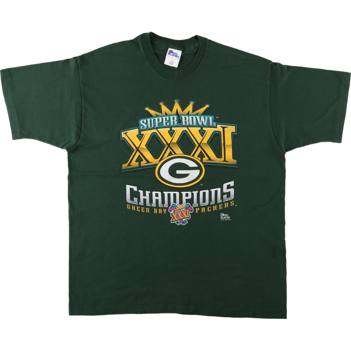 90'S PRO PLAYER NFL Green Bay Packers SUPER BOWL XXXI Sports Print T-Shirt, Made in USA, Men's XL equivalent. cotton Green type dark green Vintage Second Hand