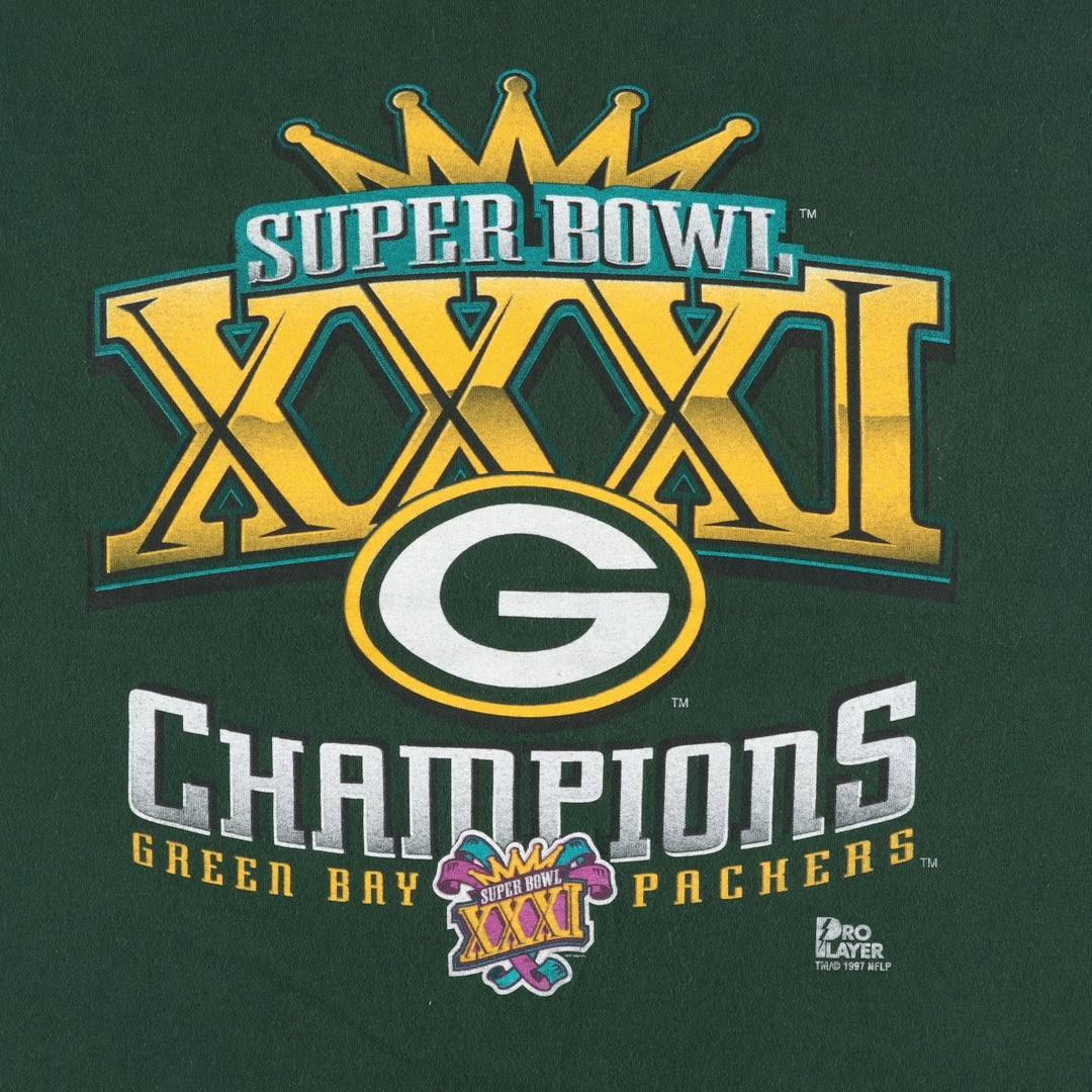 90'S PRO PLAYER NFL Green Bay Packers SUPER BOWL XXXI Sports Print T-Shirt, Made in USA, Men's XL equivalent. cotton Green type dark green Vintage Second Hand
