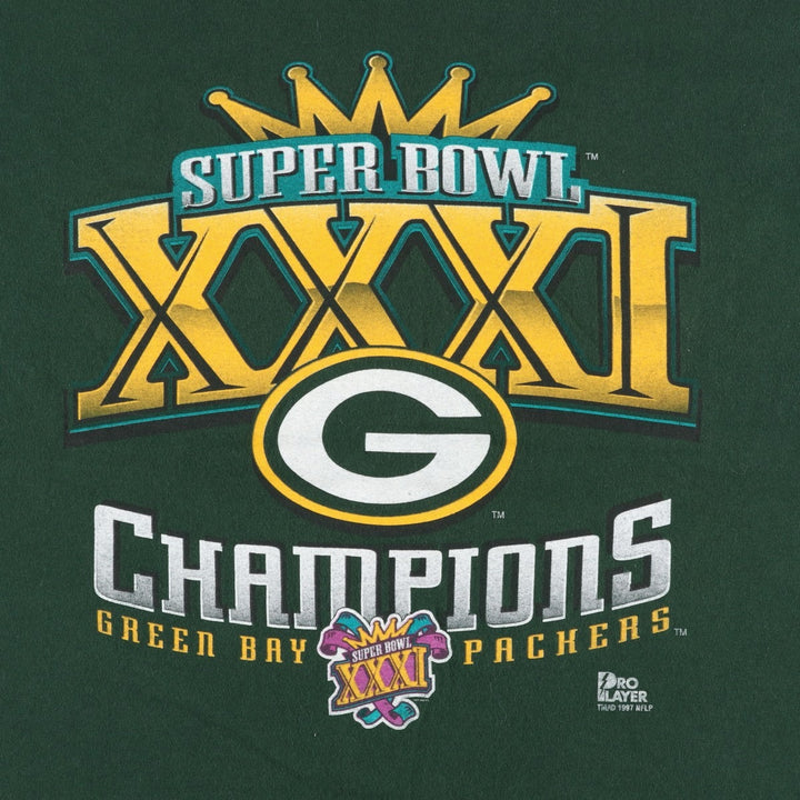 90'S PRO PLAYER NFL Green Bay Packers SUPER BOWL XXXI Sports Print T-Shirt, Made in USA, Men's XL equivalent. cotton Green type dark green Vintage Second Hand