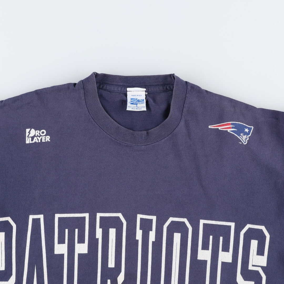 90'S Salem Pro Player NFL New England Patriots Sports Print T-Shirt, Made in USA, Men's Size L (approx.) cotton navy blue type Vintage Second Hand