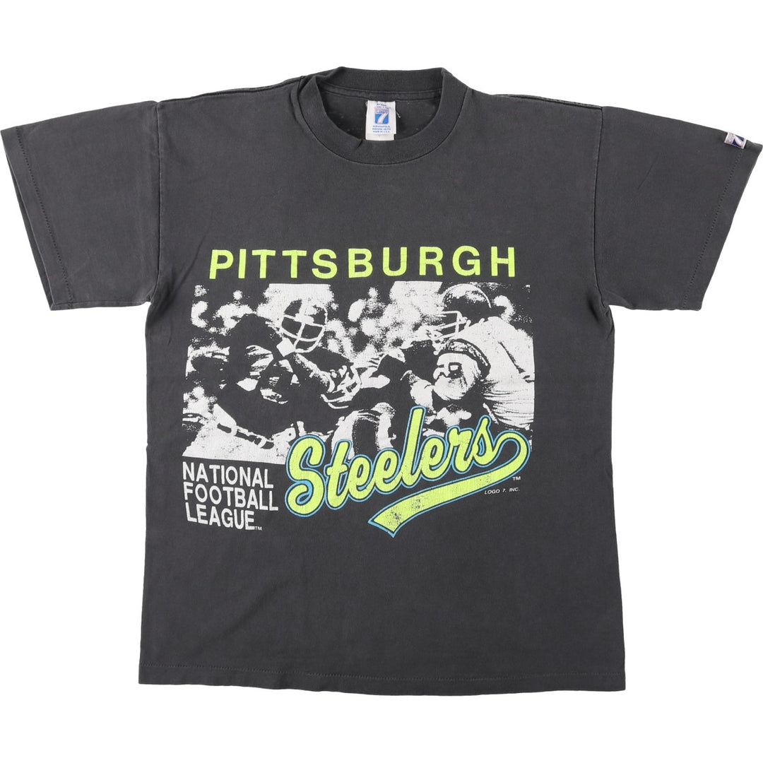 90'S Logo 7 NFL Pittsburgh Steelers Sports Print T-Shirt, Made in USA, Men's Size M (Equivalent), Vintage cotton black type Vintage Second Hand