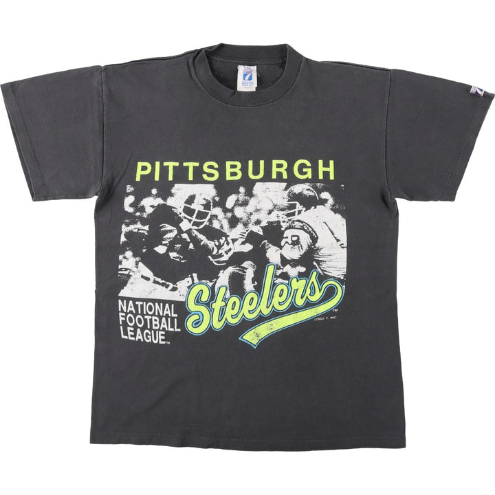 90'S Logo 7 NFL Pittsburgh Steelers Sports Print T-Shirt, Made in USA, Men's Size M (Equivalent), Vintage cotton black type Vintage Second Hand