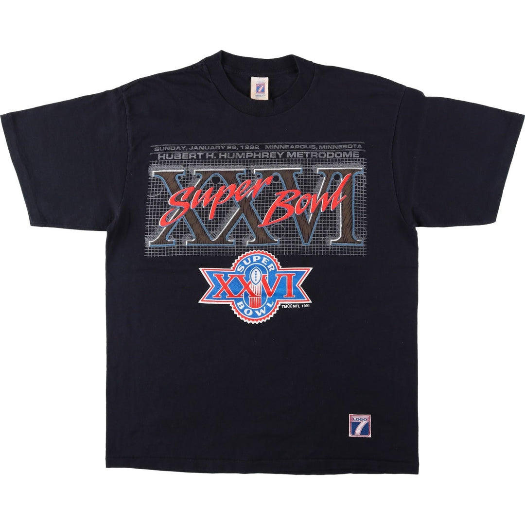90'S Logo 7 Super Bowl XXVI Sports Print T-Shirt, Made in USA, Men's XL equivalent, Vintage cotton black type Vintage Second Hand