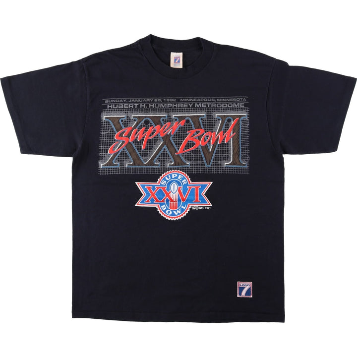 90'S Logo 7 Super Bowl XXVI Sports Print T-Shirt, Made in USA, Men's XL equivalent, Vintage cotton black type Vintage Second Hand