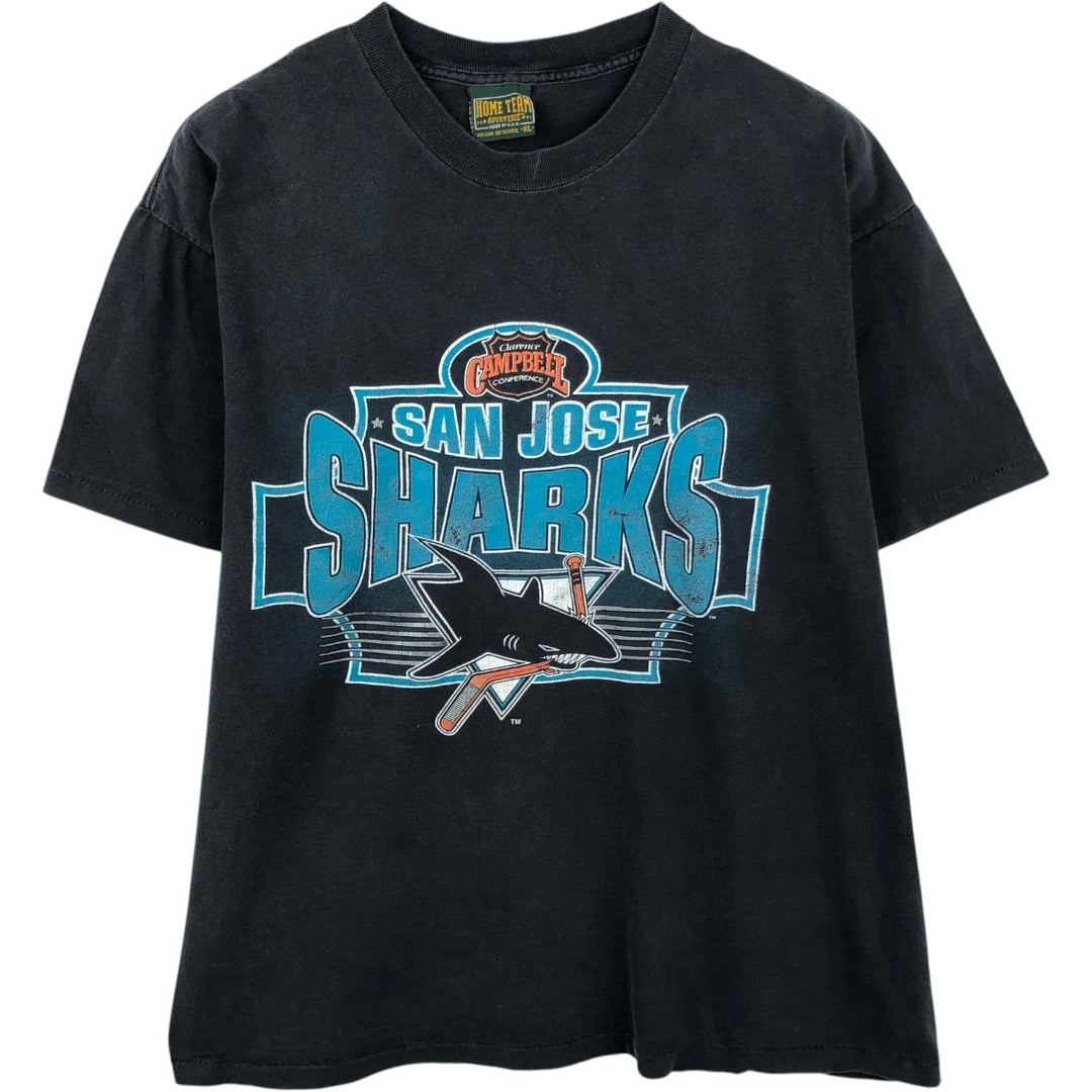 90'S HOME TEAM ADVANTAGE NHL SAN JOSE SHARKS Logo Print T-Shirt, Made in USA, Men's XL (approx.) cotton black type Vintage Second Hand