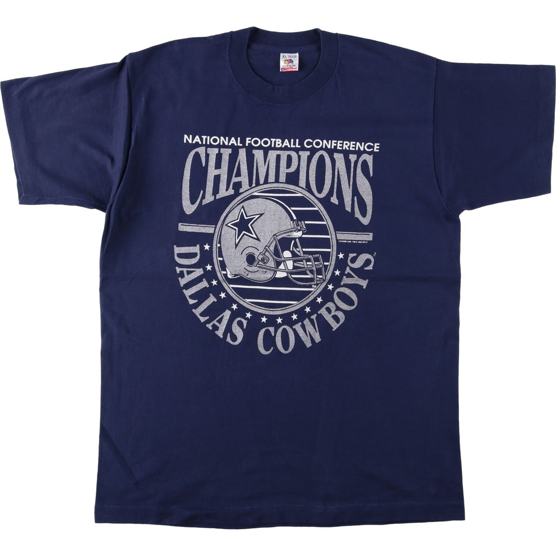 90'S Fruit of the Loom NFL Dallas Cowboys sports print t-shirt, made in USA, men's size XL (approx.) cotton navy blue type Vintage Second Hand