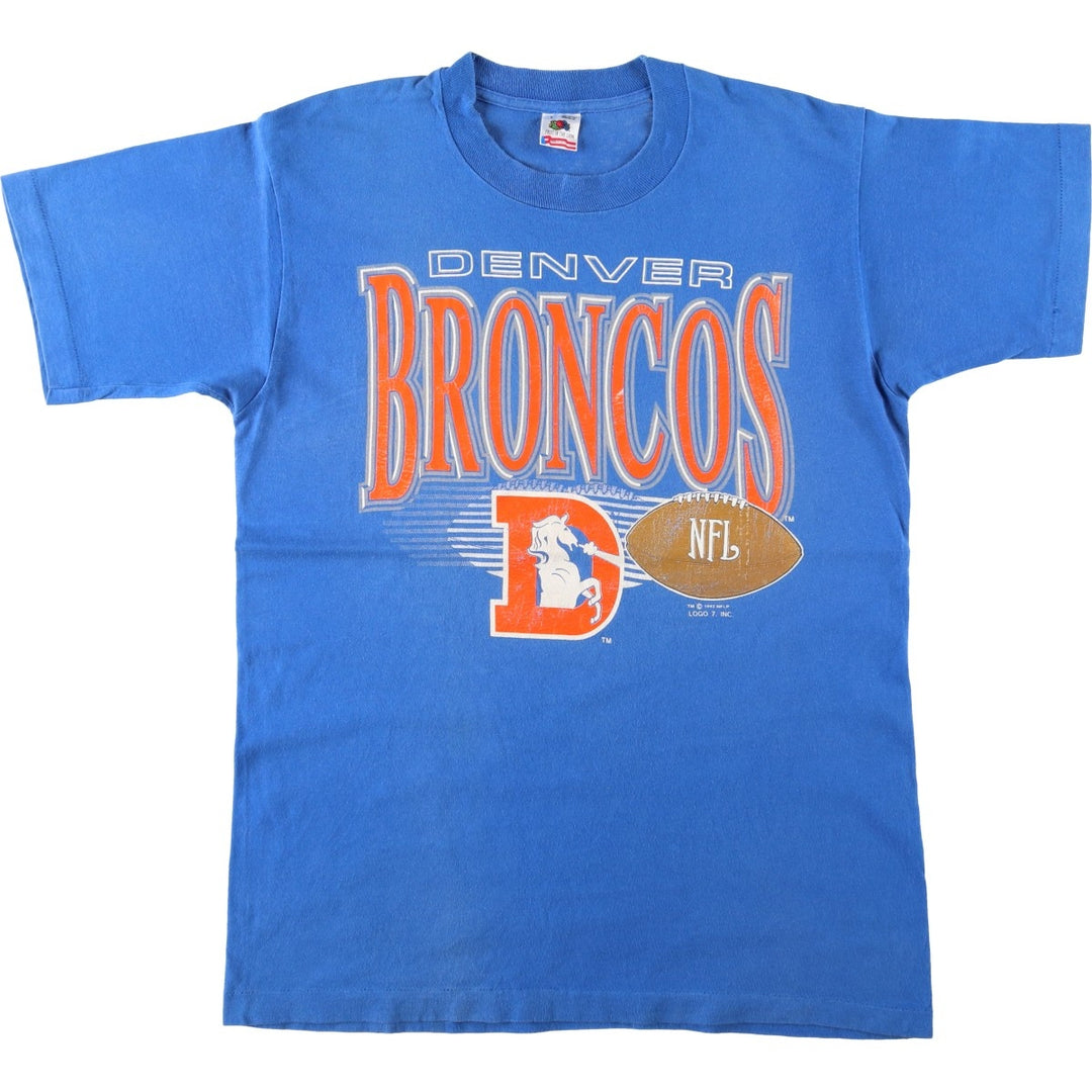 90'S Logo 7 NFL Denver Broncos Logo Print T-Shirt, Made in USA, Men's Size L (approx.), Vintage cotton blue type Vintage Second Hand