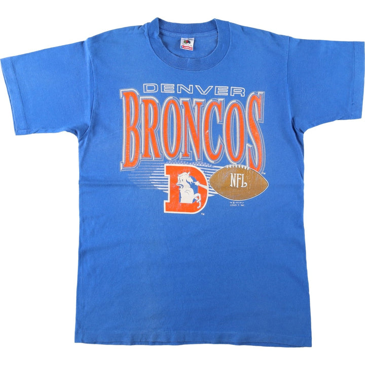 90'S Logo 7 NFL Denver Broncos Logo Print T-Shirt, Made in USA, Men's Size L (approx.), Vintage cotton blue type Vintage Second Hand