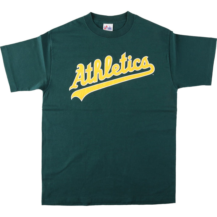 90'S Majestic MLB Oakland Athletics Logo Print T-Shirt, Made in USA, Men's Size L (Equivalent), Vintage cotton dark green Vintage Second Hand
