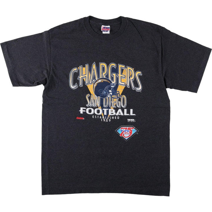 90'S TRENCH NFL San Diego Chargers Striped Pattern Logo Print T-Shirt, Made in USA, Men's XL equivalent, Vintage cotton Charcoal Vintage Second Hand
