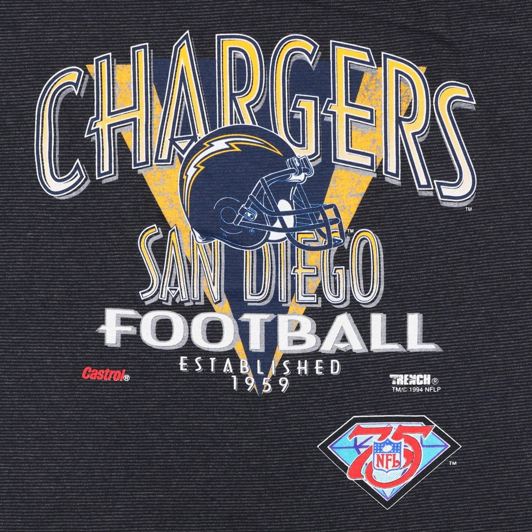 90'S TRENCH NFL San Diego Chargers Striped Pattern Logo Print T-Shirt, Made in USA, Men's XL equivalent, Vintage cotton Charcoal Vintage Second Hand