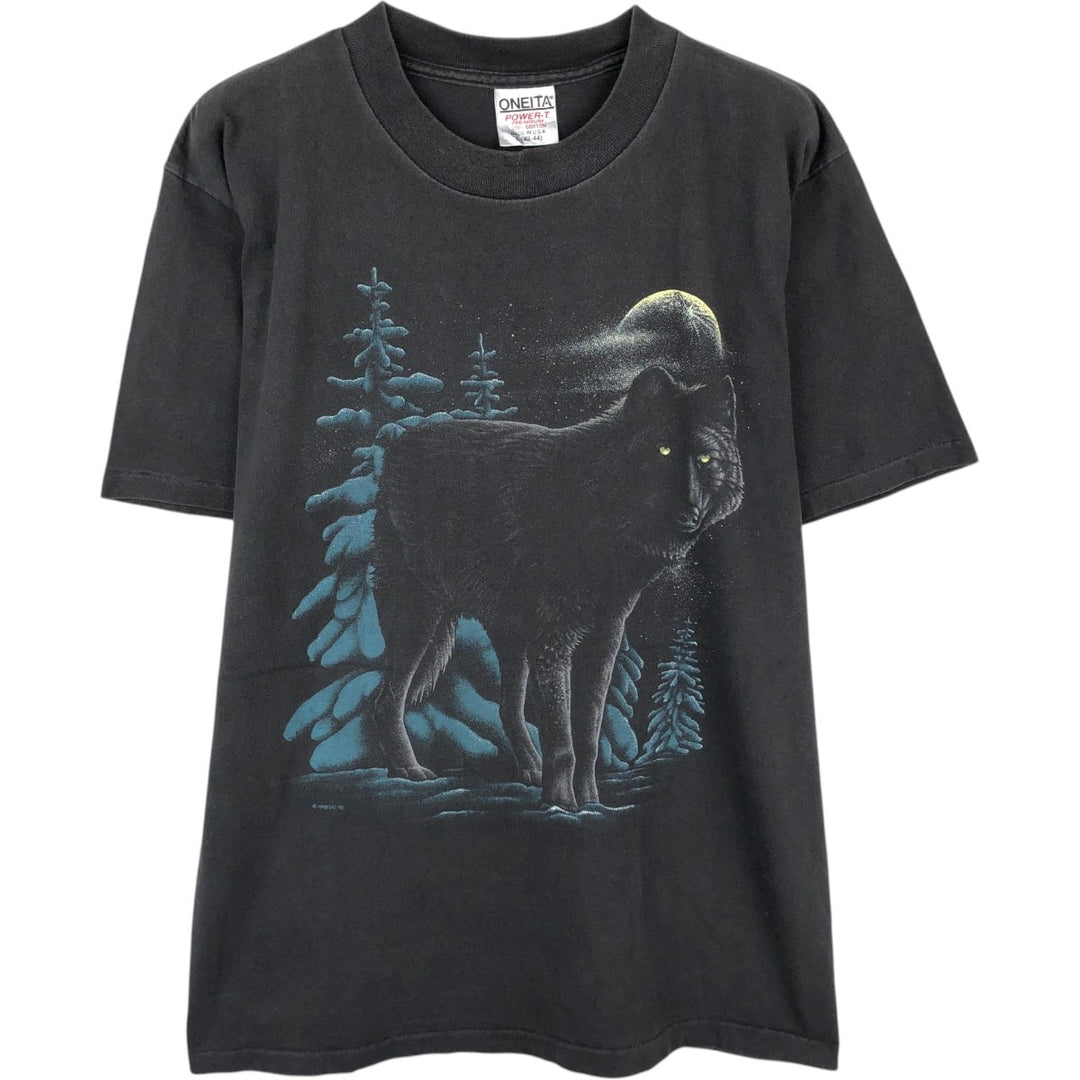 90'S ONEITA Wolf Pattern Animal T-shirt Made in USA Men's L Size Vintage cotton black type Vintage Second Hand