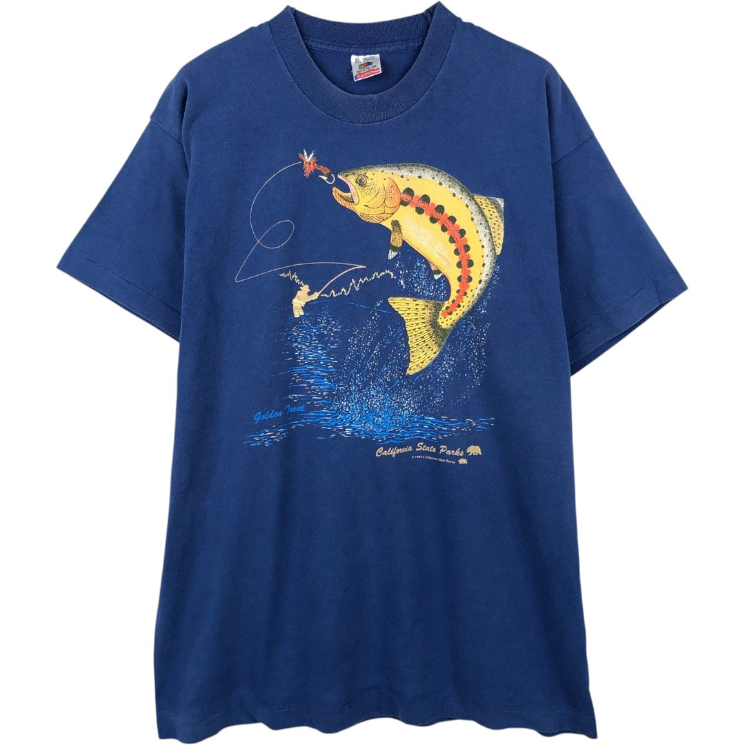 90'S Fruit of the Loom Fish Print Animal T-Shirt, Made in USA, Men's XL (approx.) Vintage cotton Navy blue Vintage Second Hand