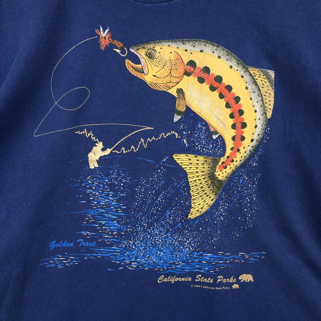 90'S Fruit of the Loom Fish Print Animal T-Shirt, Made in USA, Men's XL (approx.) Vintage cotton Navy blue Vintage Second Hand