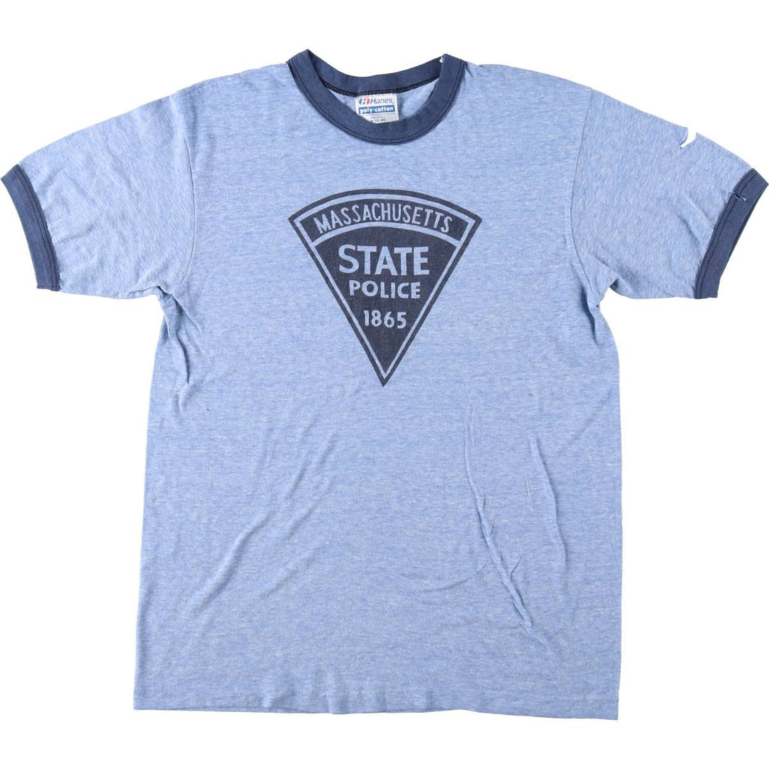 1980'S Hanes Poly-Cotton Blue Tag Ringer T-Shirt, Made in USA, Men's Size M (Equivalent), Vintage cotton blue type Vintage Second Hand