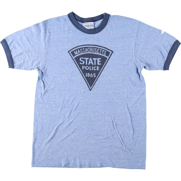 1980'S Hanes Poly-Cotton Blue Tag Ringer T-Shirt, Made in USA, Men's Size M (Equivalent), Vintage cotton blue type Vintage Second Hand