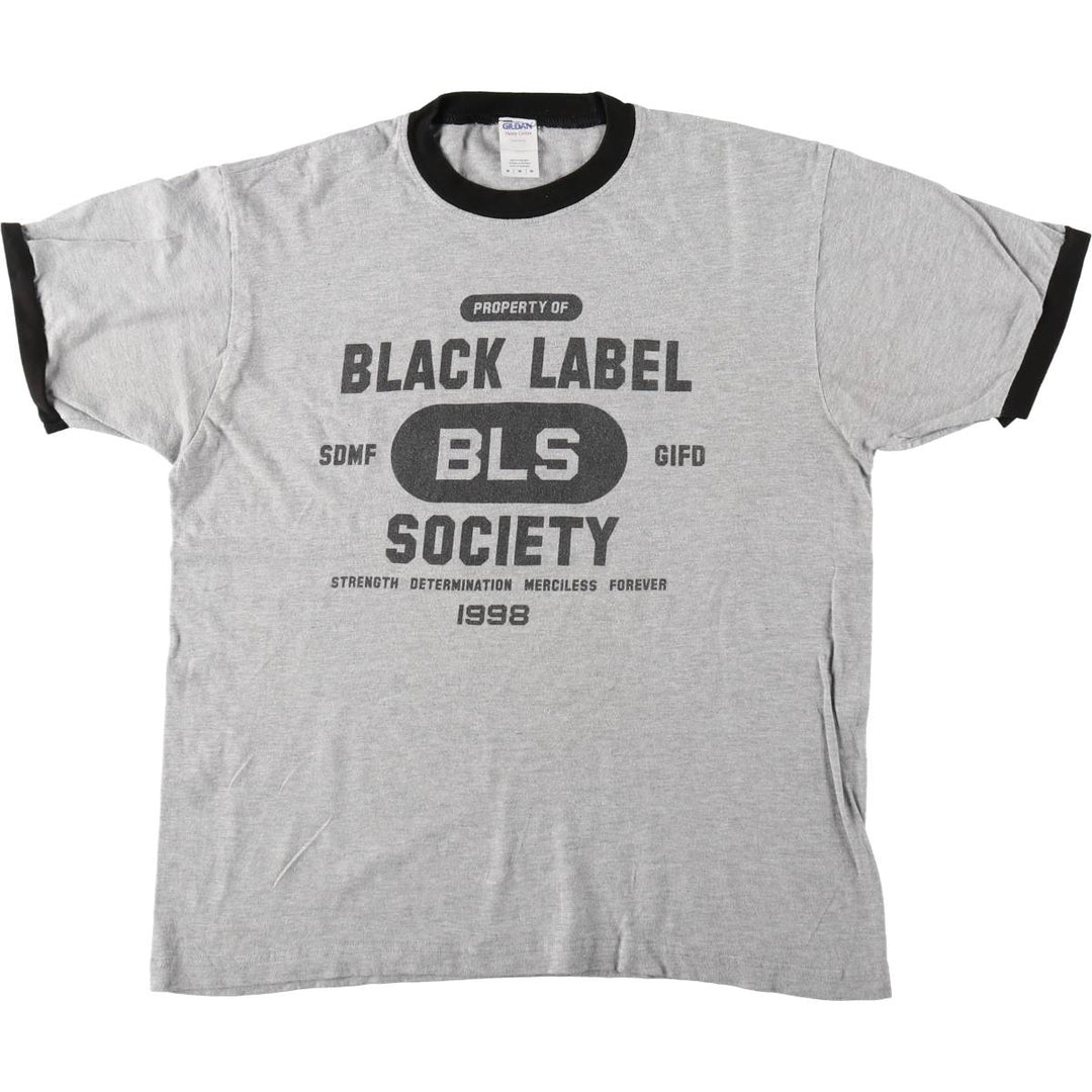 Gildan BLACK LABEL SOCIETY Skull Pattern Band Ringer T-Shirt (Men's Size M) cotton gray type Vintage Second Hand