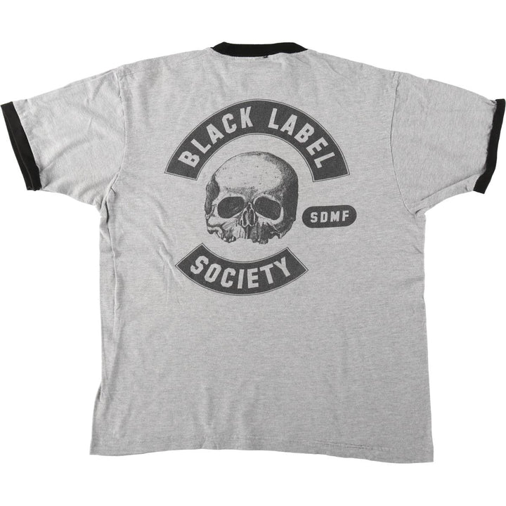 Gildan BLACK LABEL SOCIETY Skull Pattern Band Ringer T-Shirt (Men's Size M) cotton gray type Vintage Second Hand