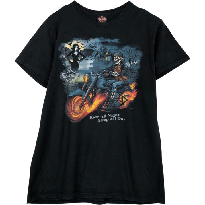 Harley Davidson Skull Pattern Fire Pattern Motorcycle Bike T-shirt Men's L size cotton black type Vintage Second Hand