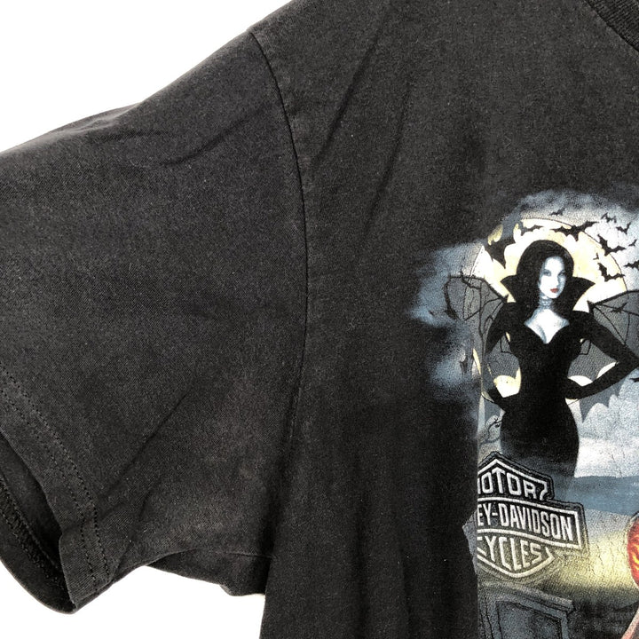 Harley Davidson Skull Pattern Fire Pattern Motorcycle Bike T-shirt Men's L size cotton black type Vintage Second Hand