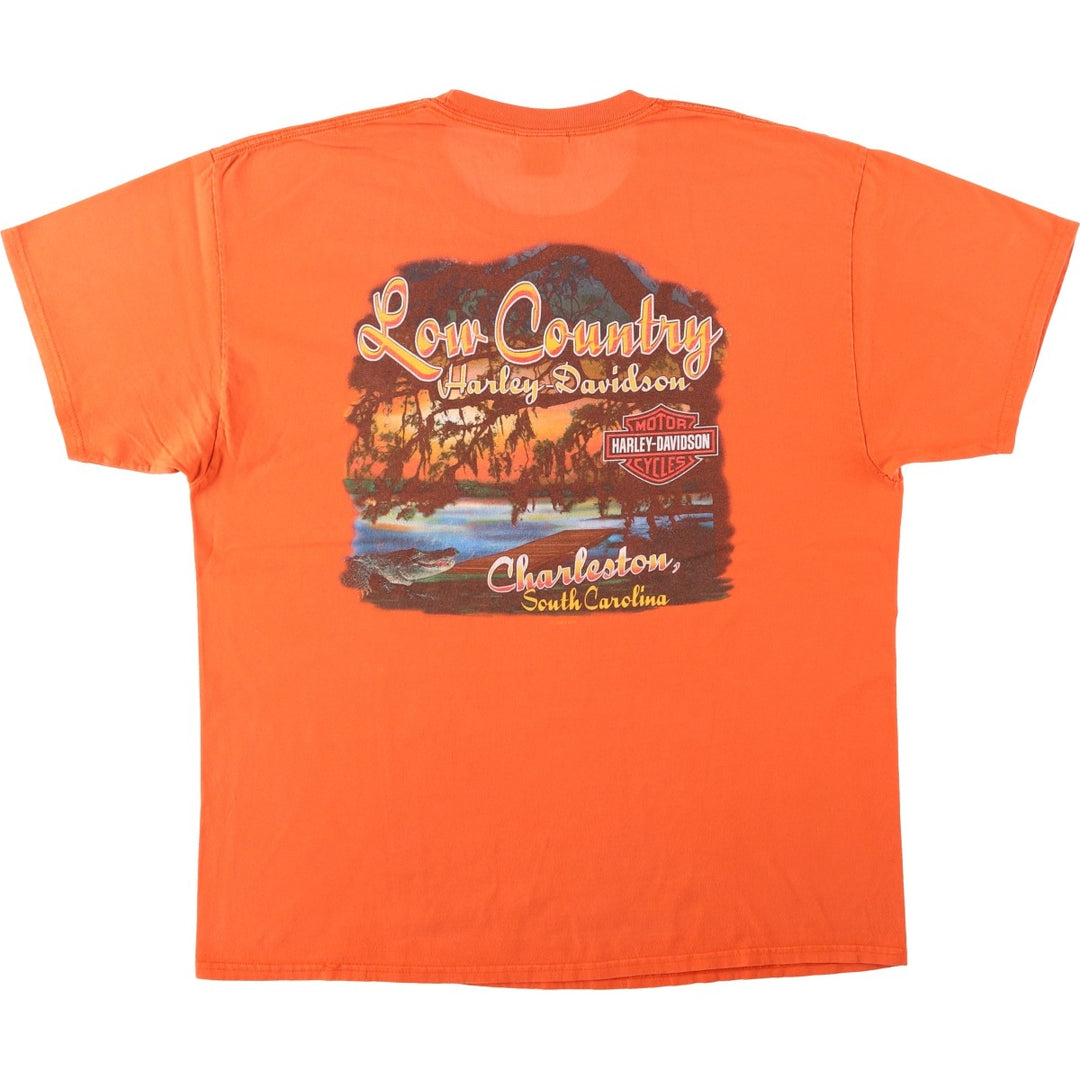 Harley-Davidson Fire Pattern Eagle Design Motorcycle T-Shirt, Men's Size XL (approx.) cotton orange type Vintage Second Hand