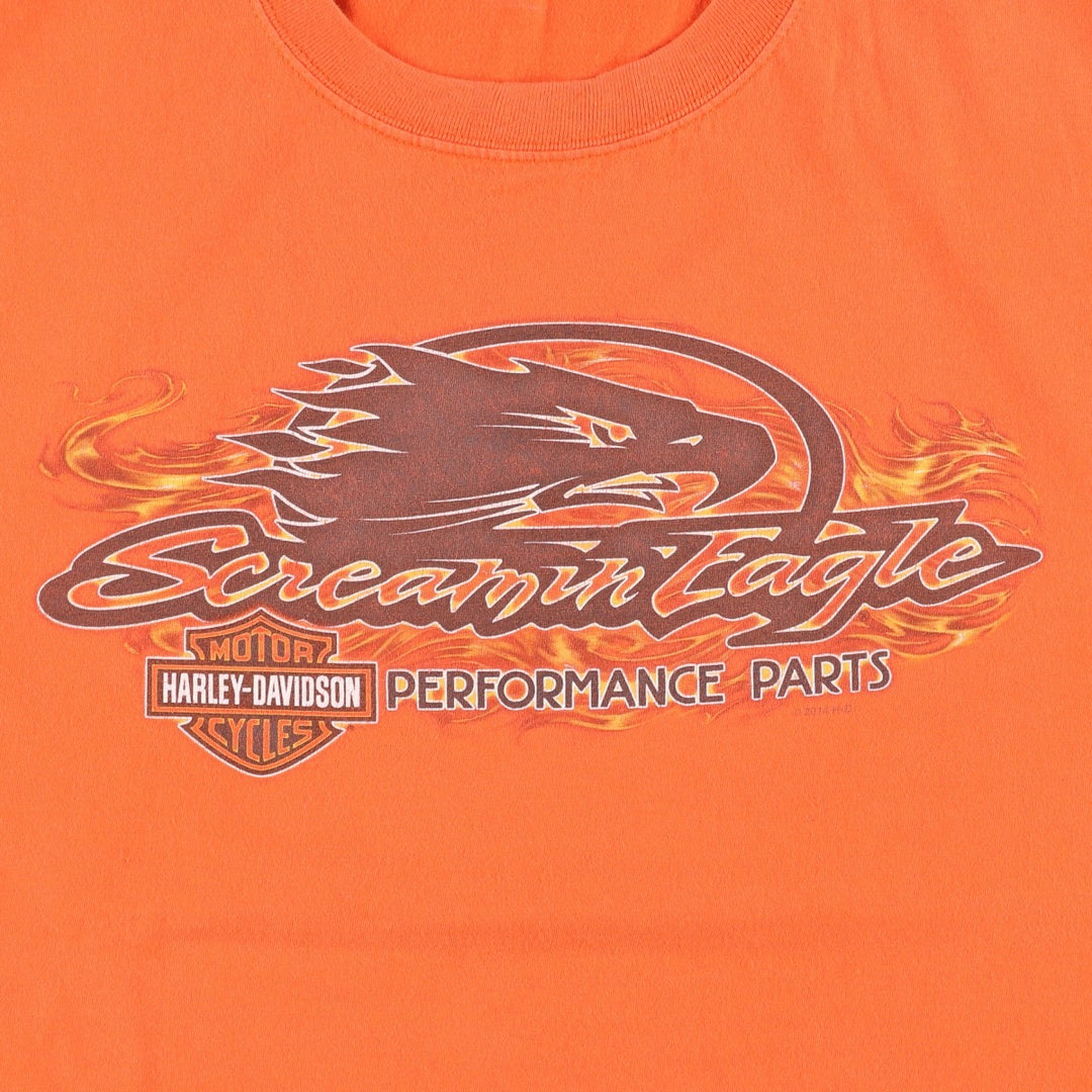 Harley-Davidson Fire Pattern Eagle Design Motorcycle T-Shirt, Men's Size XL (approx.) cotton orange type Vintage Second Hand