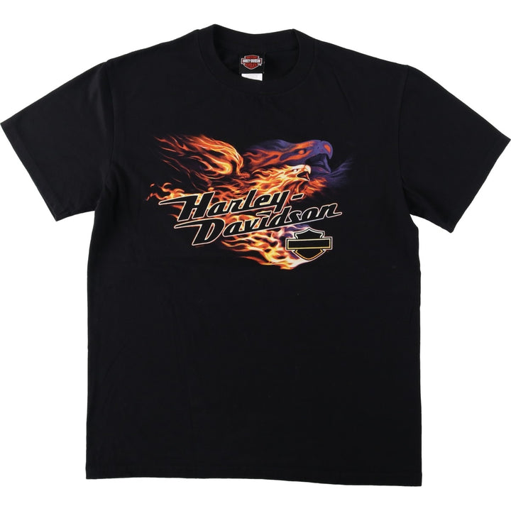 Harley-Davidson Eagle Pattern Fire Pattern Motorcycle Bike T-shirt Men's L size cotton black type Vintage Second Hand