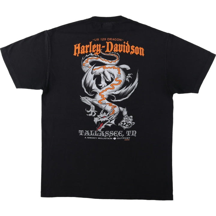 Harley-Davidson motorcycle t-shirt featuring dragon, eagle, and skull patterns. Men's size L equivalent. cotton black type Vintage Second Hand