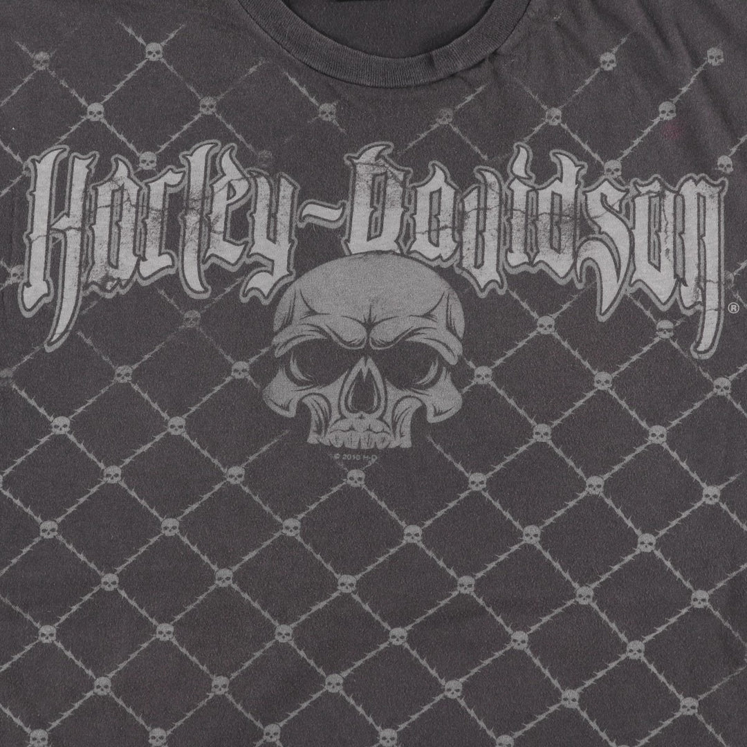 Harley-Davidson Skull Pattern, Eagle Pattern, Stars and Stripes Pattern Motorcycle T-Shirt, Men's XXL Equivalent cotton Charcoal Vintage Second Hand