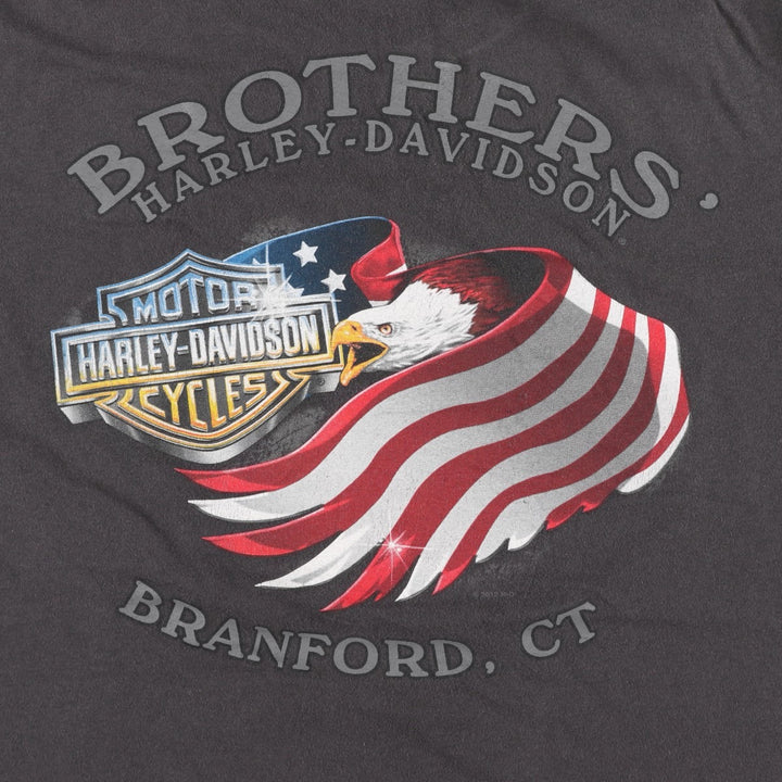Harley-Davidson Skull Pattern, Eagle Pattern, Stars and Stripes Pattern Motorcycle T-Shirt, Men's XXL Equivalent cotton Charcoal Vintage Second Hand