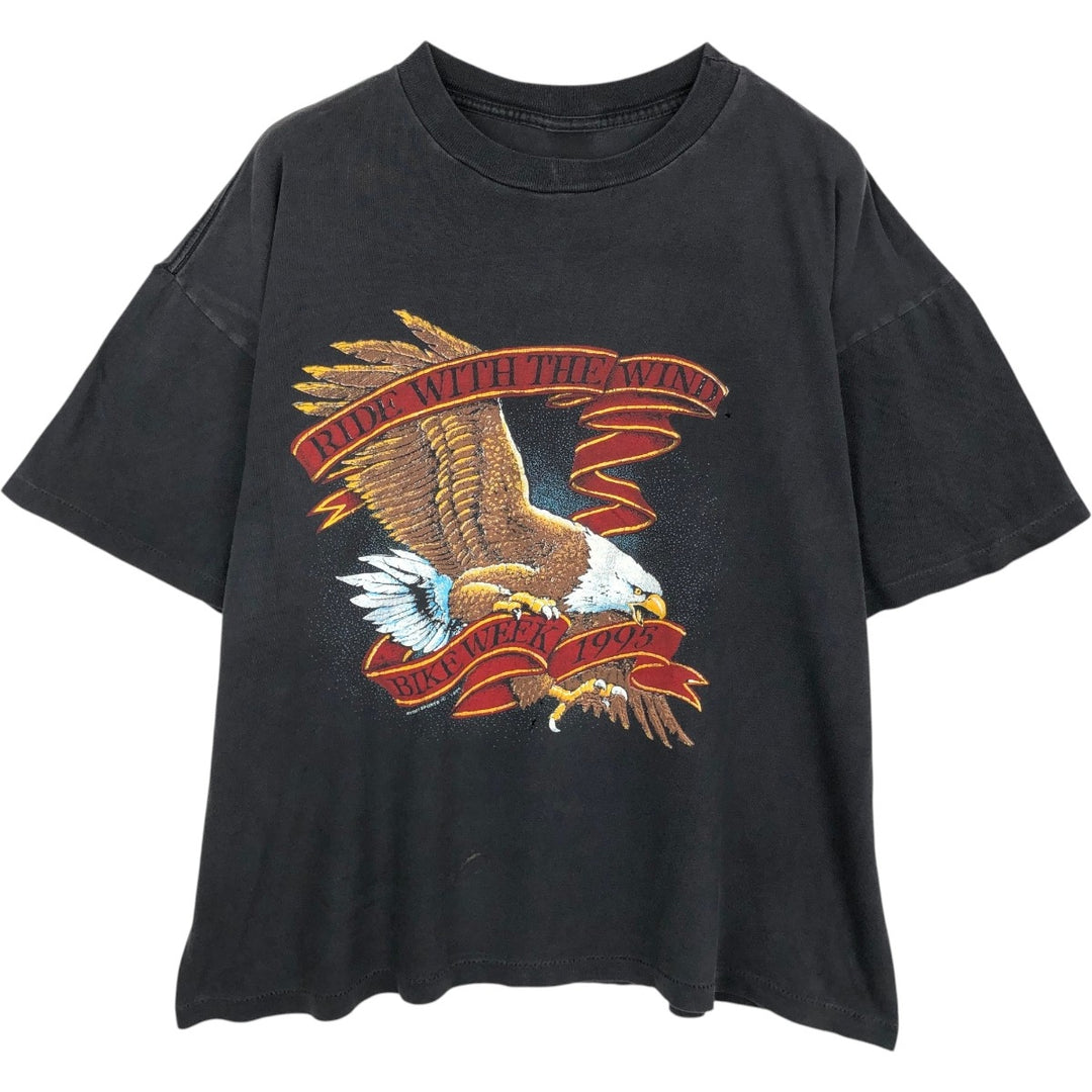 90'S Eagle Pattern Fire Pattern Motorcycle T-Shirt, Men's Size L (Equivalent), Vintage unclear black type Vintage Second Hand