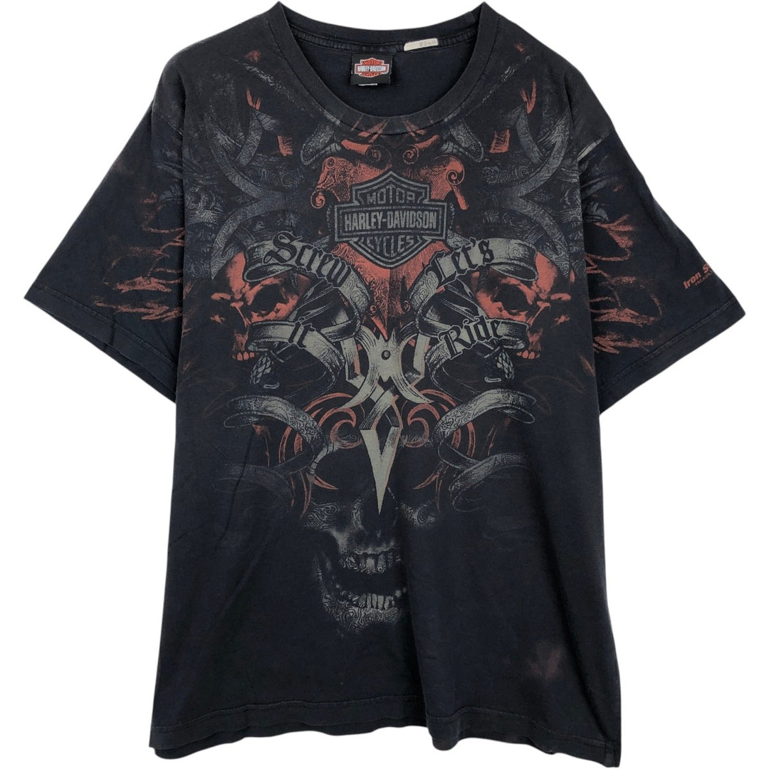 Harley-Davidson Skull Pattern All-Over Print Skull Wing Motorcycle Bike T-Shirt, Men's Size XL (approx.) cotton black type Vintage Second Hand
