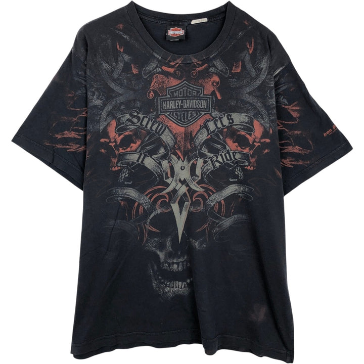 Harley-Davidson Skull Pattern All-Over Print Skull Wing Motorcycle Bike T-Shirt, Men's Size XL (approx.) cotton black type Vintage Second Hand