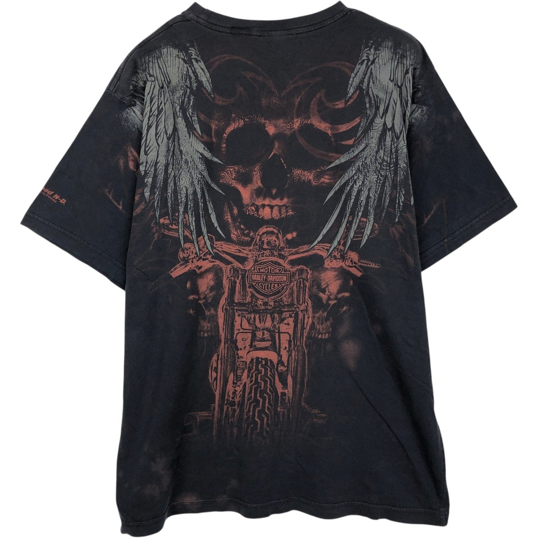 Harley-Davidson Skull Pattern All-Over Print Skull Wing Motorcycle Bike T-Shirt, Men's Size XL (approx.) cotton black type Vintage Second Hand