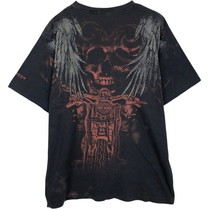 Harley-Davidson Skull Pattern All-Over Print Skull Wing Motorcycle Bike T-Shirt, Men's Size XL (approx.) cotton black type Vintage Second Hand