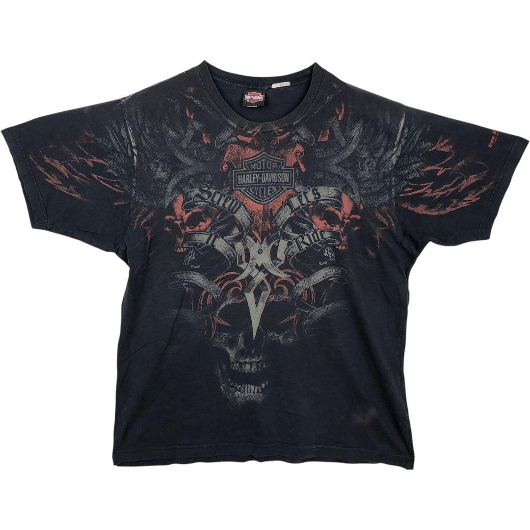 Harley-Davidson Skull Pattern All-Over Print Skull Wing Motorcycle Bike T-Shirt, Men's Size XL (approx.) cotton black type Vintage Second Hand