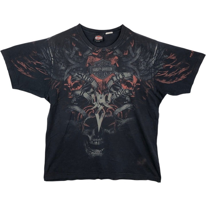 Harley-Davidson Skull Pattern All-Over Print Skull Wing Motorcycle Bike T-Shirt, Men's Size XL (approx.) cotton black type Vintage Second Hand