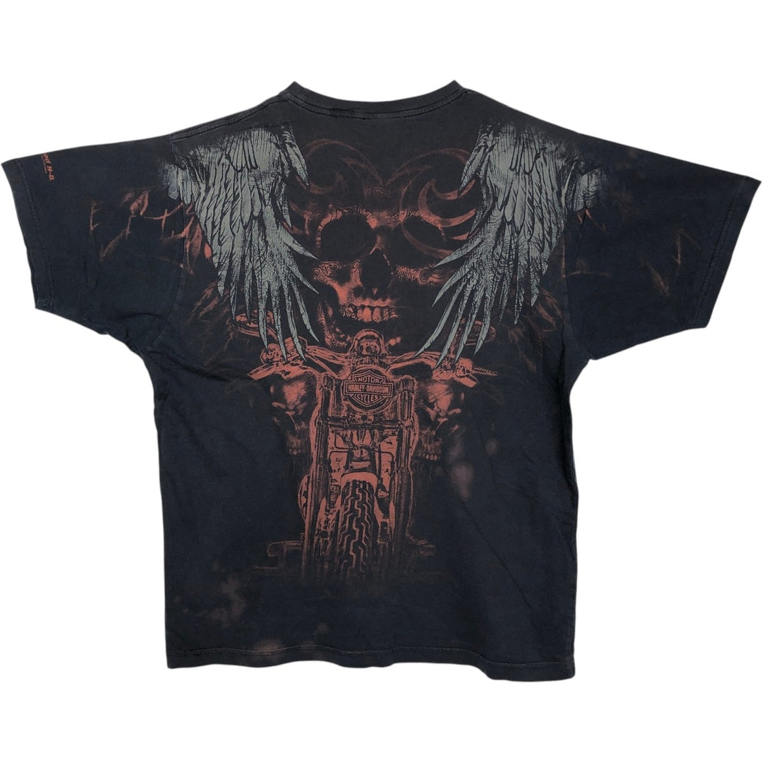 Harley-Davidson Skull Pattern All-Over Print Skull Wing Motorcycle Bike T-Shirt, Men's Size XL (approx.) cotton black type Vintage Second Hand