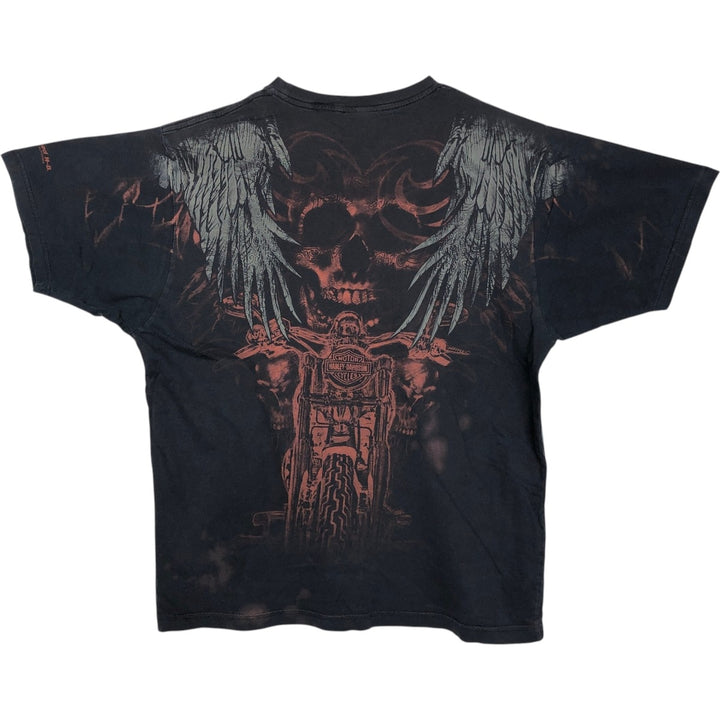 Harley-Davidson Skull Pattern All-Over Print Skull Wing Motorcycle Bike T-Shirt, Men's Size XL (approx.) cotton black type Vintage Second Hand